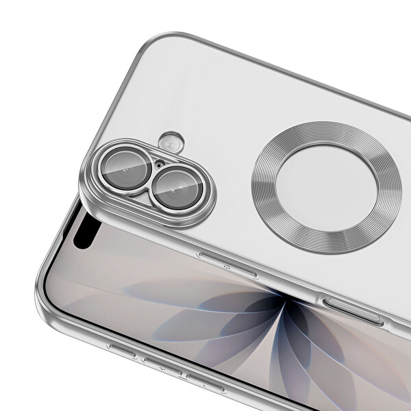 Başkenttekno iPhone 17 Kılıf Logo Gösteren Parlak Kenarlı Kamera Lens Korumalı Şeffaf Omega Silikon Kapak Gümüş 2