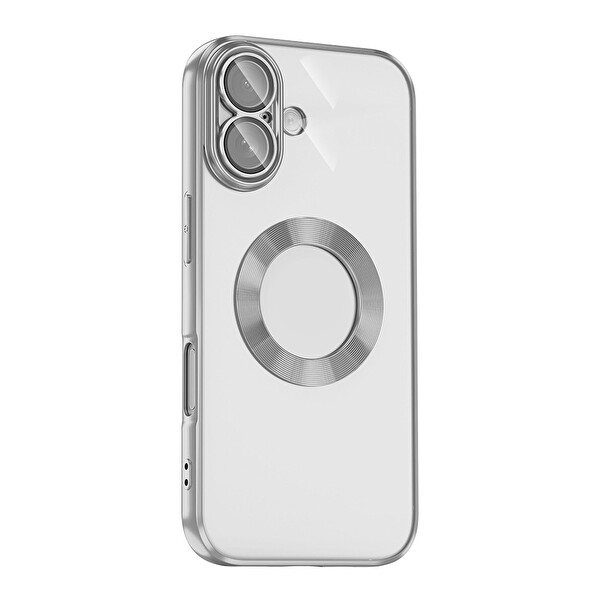 Başkenttekno iPhone 17 Kılıf Logo Gösteren Parlak Kenarlı Kamera Lens Korumalı Şeffaf Omega Silikon Kapak Gümüş 3