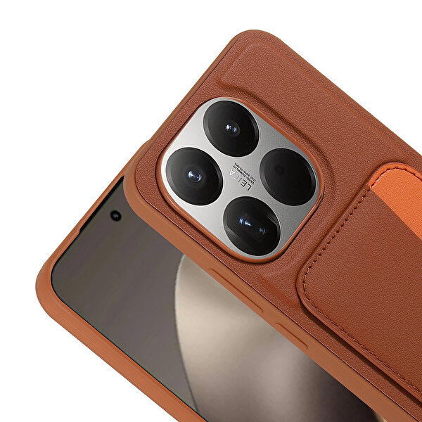 Başkenttekno Xiaomi 15T Uyumlu Kartlıklı Süni Deri X-Kart Cüzdan Silikon Kapak Kahverengi