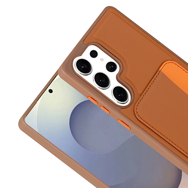 Başkenttekno Samsung Galaxy S24 Ultra Uyumlu Kartlıklı Süni Deri X-Kart Cüzdan Silikon Kapak Kahverengi