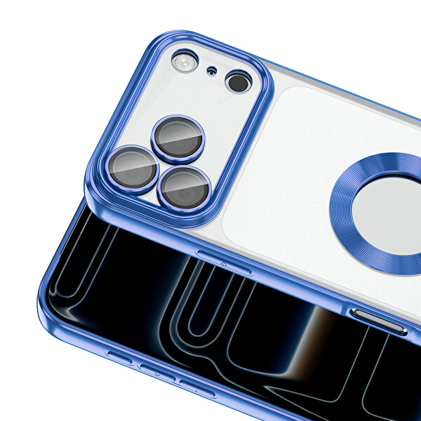 Başkenttekno iPhone 17 Pro Max Kılıf Logo Gösteren Parlak Kenarlı Kamera Lens Korumalı Şeffaf Omega Silikon Kapak Mavi