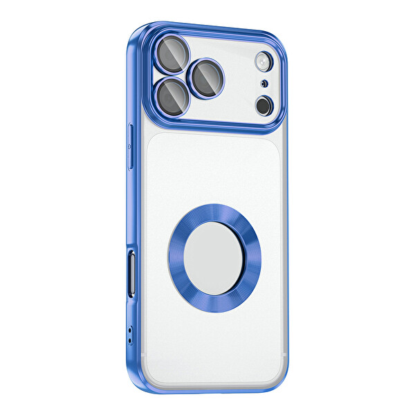 Başkenttekno iPhone 17 Pro Max Kılıf Logo Gösteren Parlak Kenarlı Kamera Lens Korumalı Şeffaf Omega Silikon Kapak Mavi