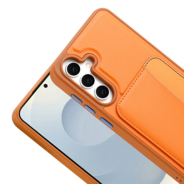 Başkenttekno Samsung Galaxy A36 Uyumlu Kartlıklı Süni Deri X-Kart Cüzdan Silikon Kapak Turuncu
