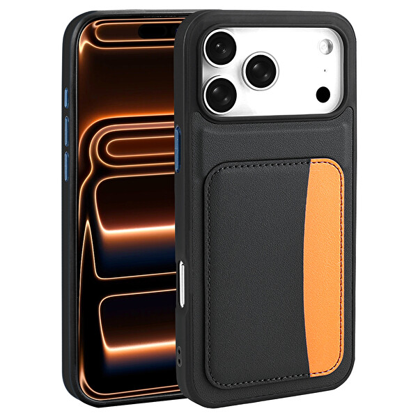 Başkenttekno iPhone 17 Pro Uyumlu Kartlıklı Süni Deri X-Kart Cüzdan Silikon Kapak Siyah
