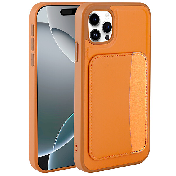 Başkenttekno iPhone 11 Uyumlu Kartlıklı Süni Deri X-Kart Cüzdan Silikon Kapak Turuncu