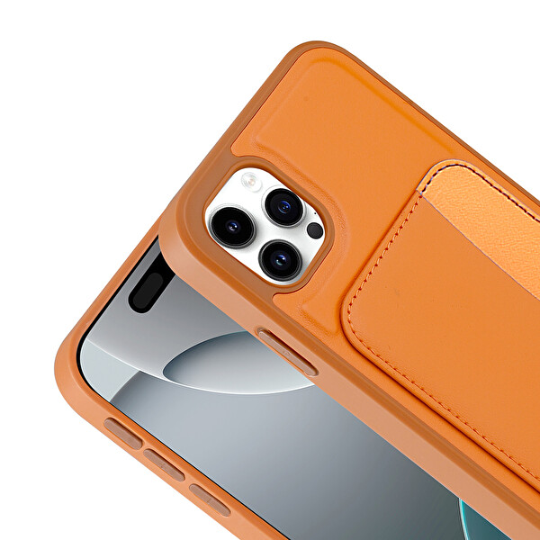 Başkenttekno iPhone 11 Uyumlu Kartlıklı Süni Deri X-Kart Cüzdan Silikon Kapak Turuncu