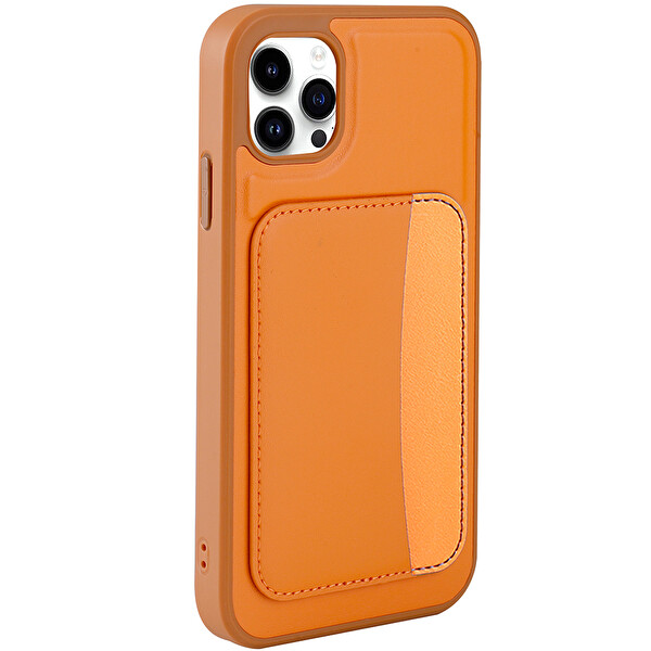 Başkenttekno iPhone 11 Uyumlu Kartlıklı Süni Deri X-Kart Cüzdan Silikon Kapak Turuncu