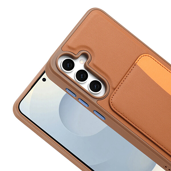 Başkenttekno Samsung Galaxy A36 Uyumlu Kartlıklı Süni Deri X-Kart Cüzdan Silikon Kapak Kahverengi