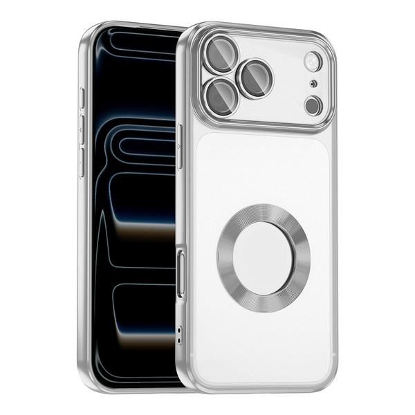 Başkenttekno iPhone 17 Pro Max Kılıf Logo Gösteren Parlak Kenarlı Kamera Lens Korumalı Şeffaf Omega Silikon Kapak Gümüş