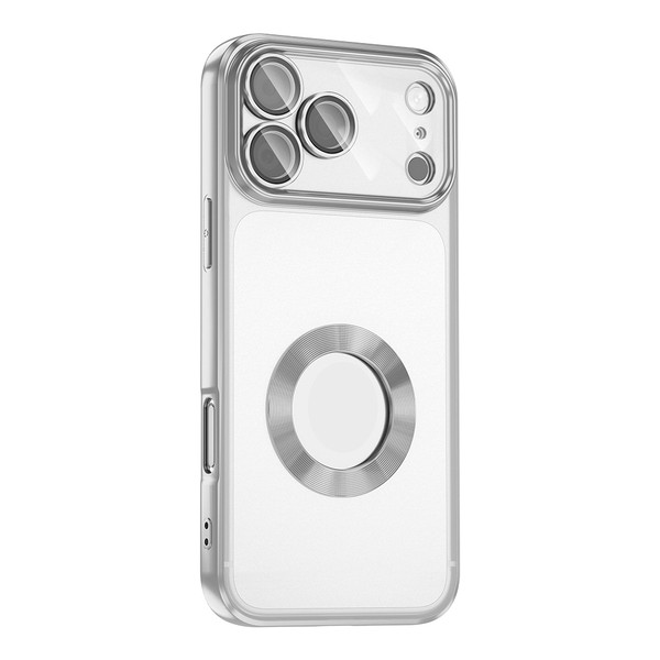 Başkenttekno iPhone 17 Pro Max Kılıf Logo Gösteren Parlak Kenarlı Kamera Lens Korumalı Şeffaf Omega Silikon Kapak Gümüş