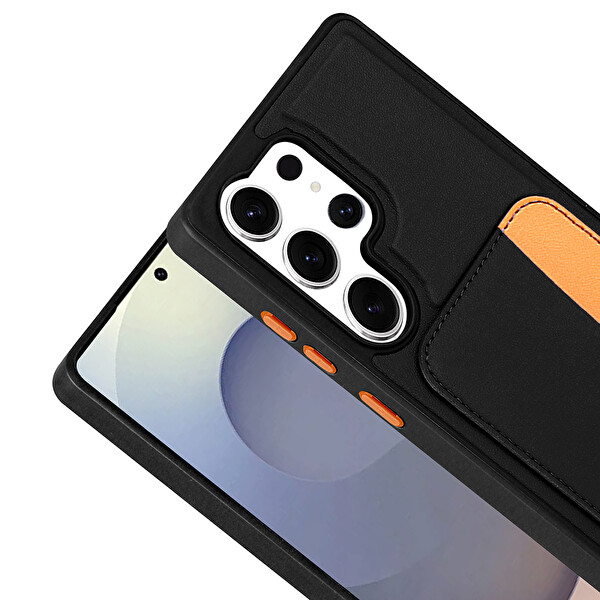 Başkenttekno Samsung Galaxy S25 Ultra Uyumlu Kartlıklı Süni Deri X-Kart Cüzdan Silikon Kapak Siyah