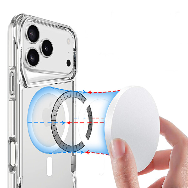 Başkenttekno iPhone 17 Pro Max Uyumlu Kablosuz Şarj Özellikli Darbe Emici T-Max M-safe Kapak Şeffaf
