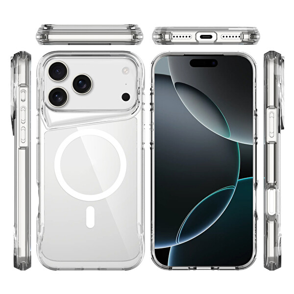 Başkenttekno iPhone 17 Pro Max Uyumlu Kablosuz Şarj Özellikli Darbe Emici T-Max M-safe Kapak Şeffaf