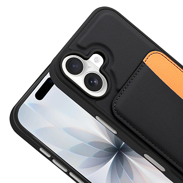 Başkenttekno iPhone 17 Uyumlu Kartlıklı Süni Deri X-Kart Cüzdan Silikon Kapak Siyah