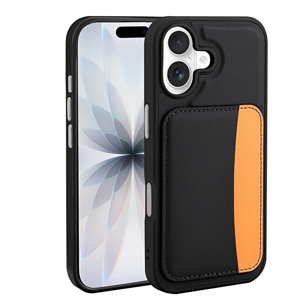 Başkenttekno iPhone 17 Uyumlu Kartlıklı Süni Deri X-Kart Cüzdan Silikon Kapak Siyah