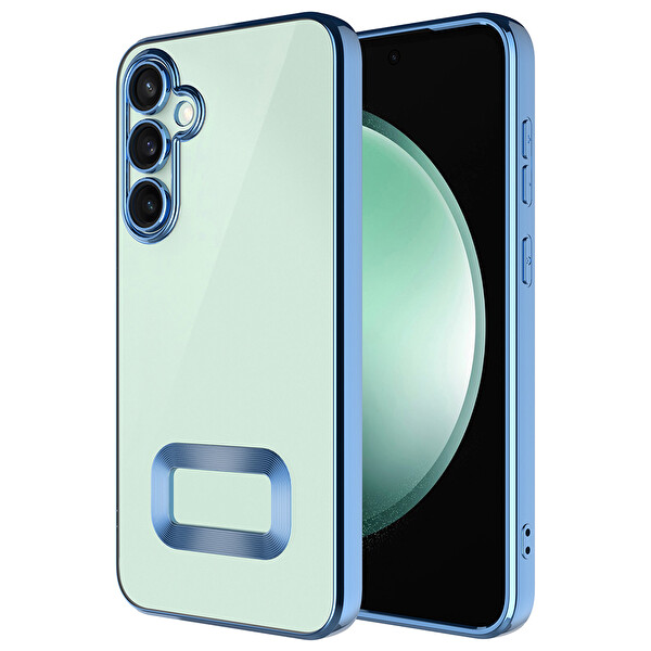 Başkenttekno Samsung Galaxy S25 FE Logo Gösteren Parlak Kenarlı Kamera Lens Korumalı Şeffaf Omega Silikon Kapak Mavi