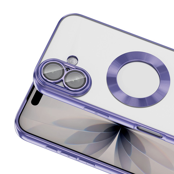 Başkenttekno iPhone 17 Kılıf Logo Gösteren Parlak Kenarlı Kamera Lens Korumalı Şeffaf Omega Silikon Kapak Lila