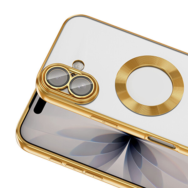 Başkenttekno iPhone 17 Kılıf Logo Gösteren Parlak Kenarlı Kamera Lens Korumalı Şeffaf Omega Silikon Kapak