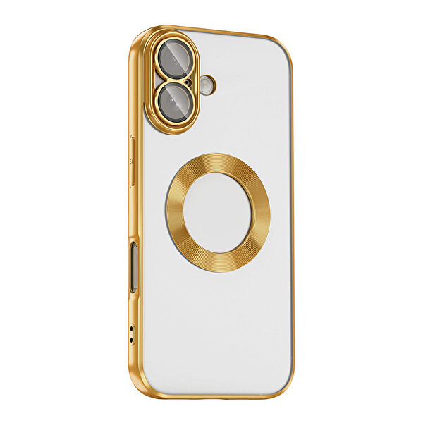 Başkenttekno iPhone 17 Kılıf Logo Gösteren Parlak Kenarlı Kamera Lens Korumalı Şeffaf Omega Silikon Kapak