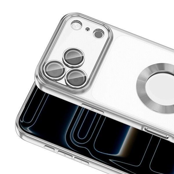 Başkenttekno iPhone 17 Pro Kılıf Logo Gösteren Parlak Kenarlı Kamera Lens Korumalı Şeffaf Omega Silikon Kapak Gümüş