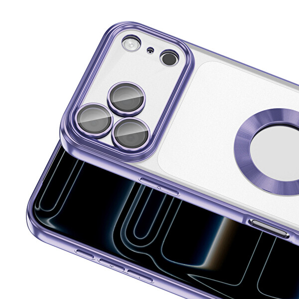 Başkenttekno iPhone 17 Pro Kılıf Logo Gösteren Parlak Kenarlı Kamera Lens Korumalı Şeffaf Omega Silikon Kapak Lila