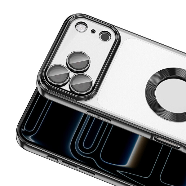 Başkenttekno iPhone 17 Pro Max Logo Gösteren Parlak Kenarlı Kamera Lens Korumalı Şeffaf Omega Silikon Kapak Siyah