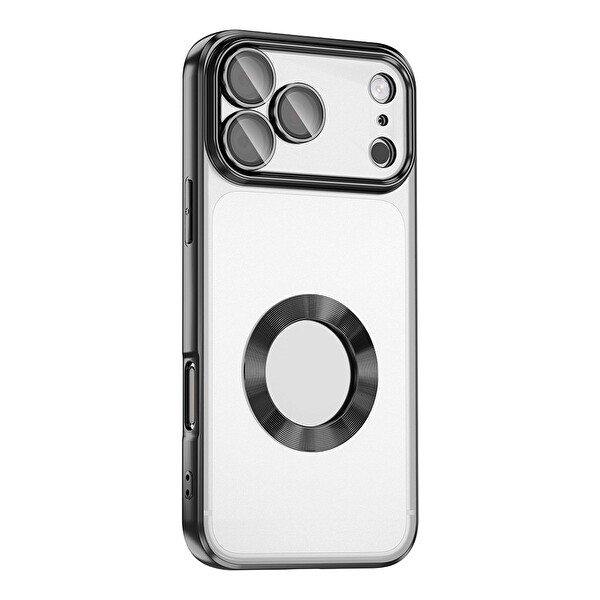 Başkenttekno iPhone 17 Pro Max Logo Gösteren Parlak Kenarlı Kamera Lens Korumalı Şeffaf Omega Silikon Kapak Siyah