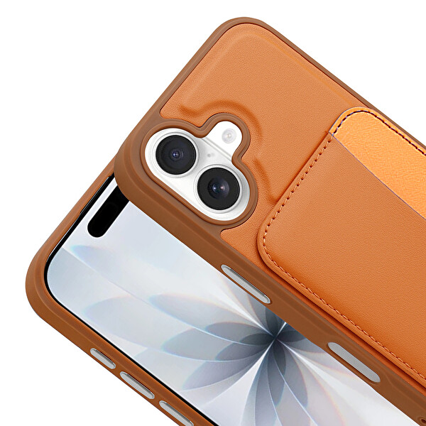 Başkenttekno iPhone 17 Uyumlu Kartlıklı Süni Deri X-Kart Cüzdan Silikon Kapak Turuncu