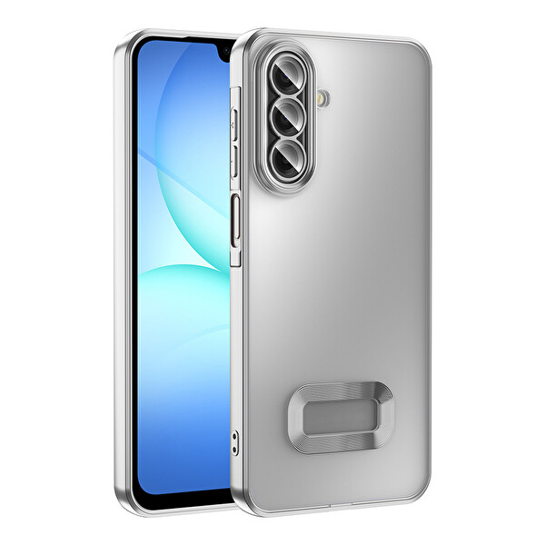Başkenttekno Samsung Galaxy A17 Logo Gösteren Parlak Kenarlı Kamera Lens Korumalı Şeffaf Omega Silikon Kapak Gümüş