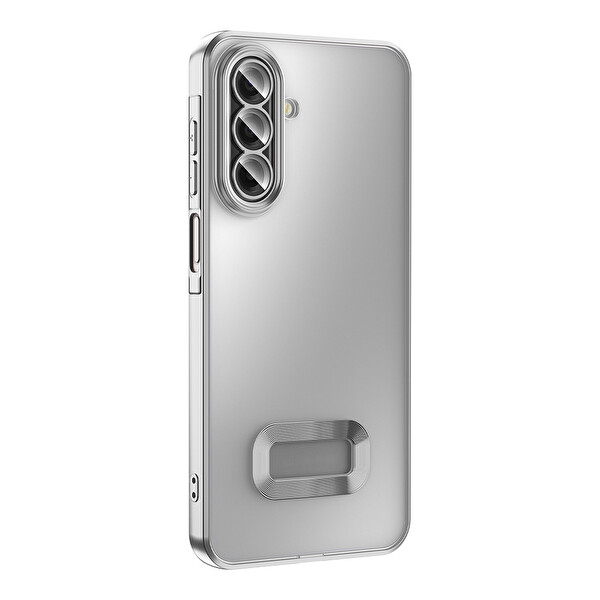 Başkenttekno Samsung Galaxy A17 Logo Gösteren Parlak Kenarlı Kamera Lens Korumalı Şeffaf Omega Silikon Kapak Gümüş
