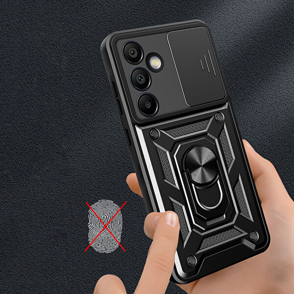 Başkenttekno Samsung Galaxy S25 FE Kılıf Magnetik Standlı Kamera Korumalı Sürgülü Vega Kapak Siyah