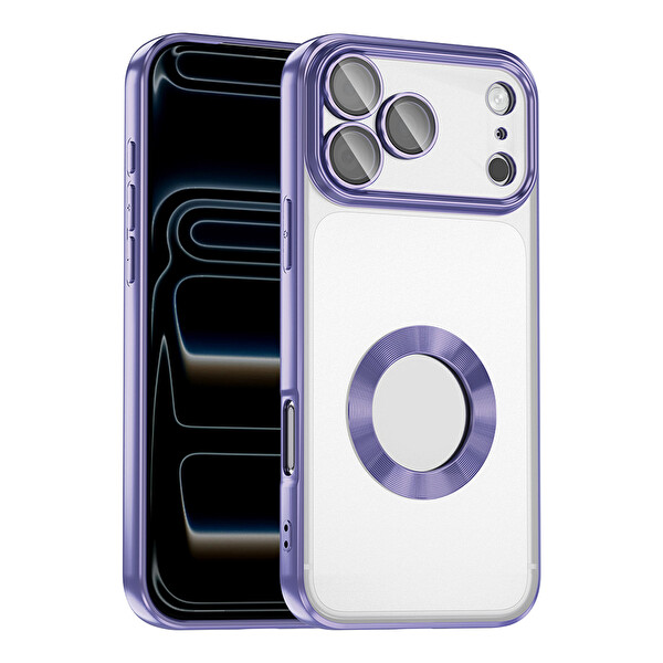 Başkenttekno iPhone 17 Pro Max Kılıf Logo Gösteren Parlak Kenarlı Kamera Lens Korumalı Şeffaf Omega Silikon Kapak Lila