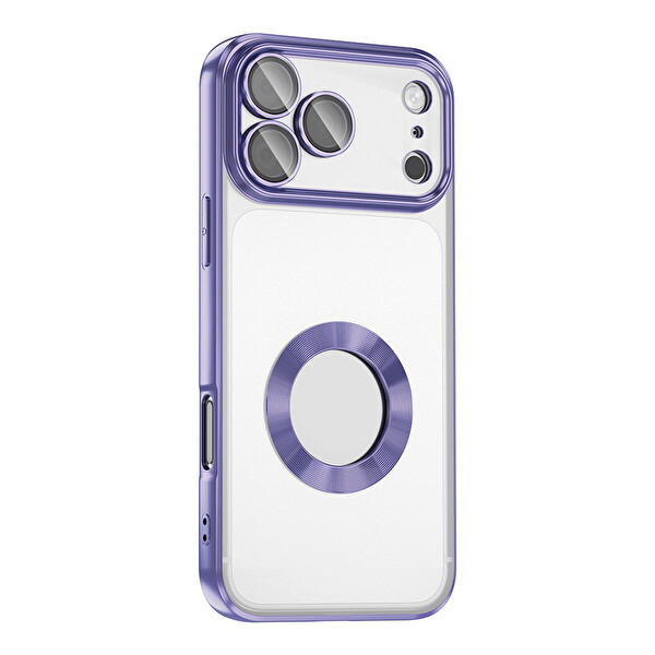 Başkenttekno iPhone 17 Pro Max Kılıf Logo Gösteren Parlak Kenarlı Kamera Lens Korumalı Şeffaf Omega Silikon Kapak Lila