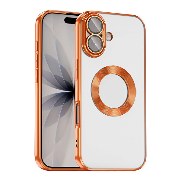 Başkenttekno iPhone 17 Kılıf Logo Gösteren Parlak Kenarlı Kamera Lens Korumalı Şeffaf Omega Silikon Kapak Turuncu