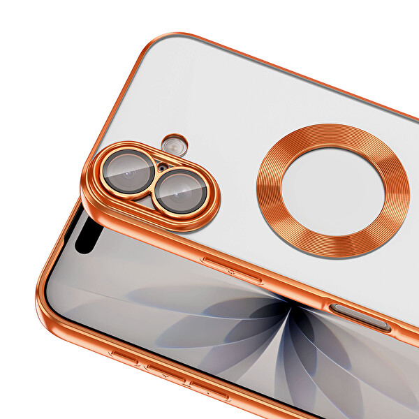 Başkenttekno iPhone 17 Kılıf Logo Gösteren Parlak Kenarlı Kamera Lens Korumalı Şeffaf Omega Silikon Kapak Turuncu