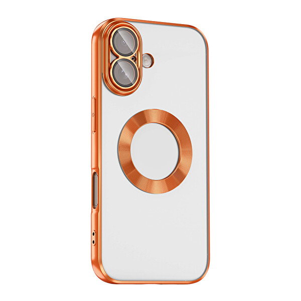 Başkenttekno iPhone 17 Kılıf Logo Gösteren Parlak Kenarlı Kamera Lens Korumalı Şeffaf Omega Silikon Kapak Turuncu