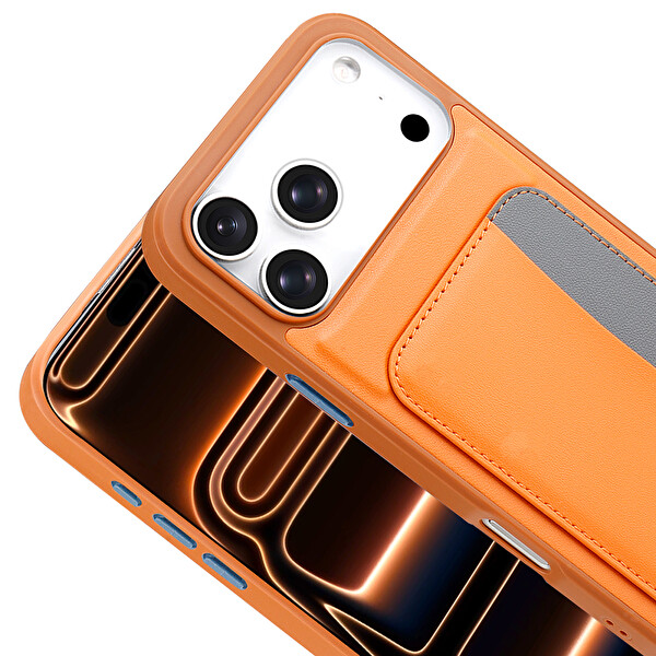 Başkenttekno iPhone 17 Pro Uyumlu Kartlıklı Süni Deri X-Kart Cüzdan Silikon Kapak Turuncu