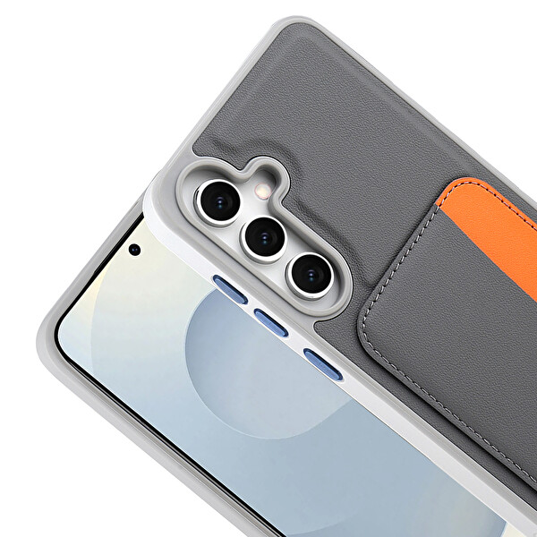 Başkenttekno Samsung Galaxy A26 Uyumlu Kartlıklı Süni Deri X-Kart Cüzdan Silikon Kapak Koyu Gri
