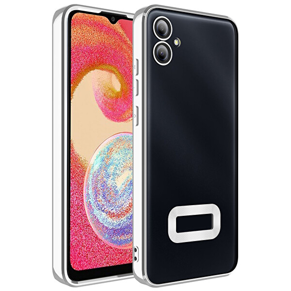 Başkenttekno Samsung Galaxy A07 Logo Gösteren Parlak Kenarlı Kamera Lens Korumalı Şeffaf Omega Silikon Kapak Gümüş
