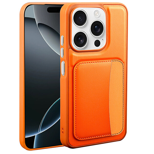 Başkenttekno Xiaomi Redmi 15C Uyumlu Kartlıklı Süni Deri X-Kart Cüzdan Silikon Kapak Turuncu
