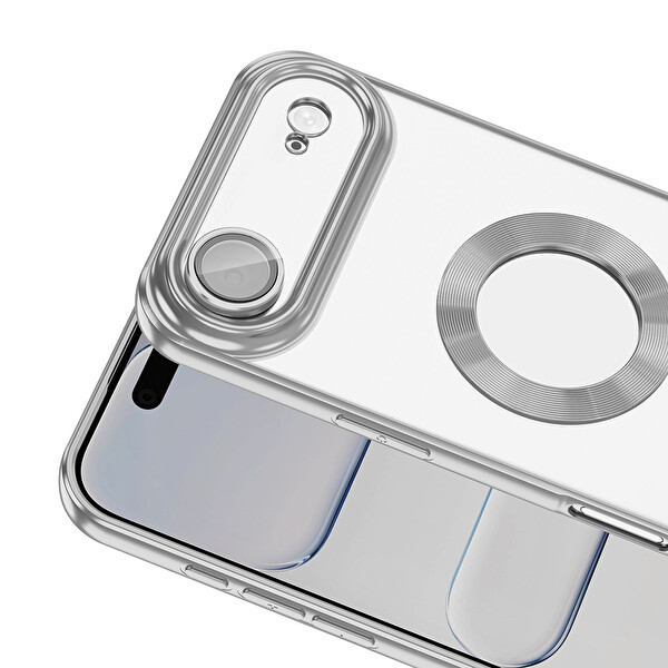 Başkenttekno iPhone 17 Air Kılıf Logo Gösteren Parlak Kenarlı Kamera Lens Korumalı Şeffaf Omega Silikon Kapak Gümüş