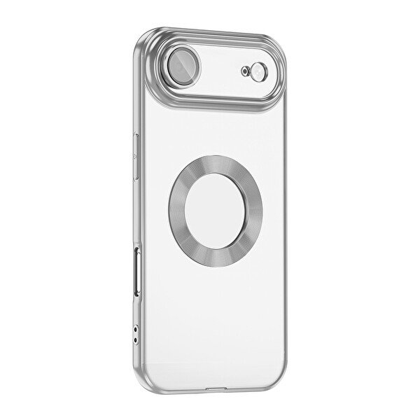 Başkenttekno iPhone 17 Air Kılıf Logo Gösteren Parlak Kenarlı Kamera Lens Korumalı Şeffaf Omega Silikon Kapak Gümüş