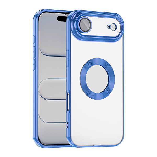 Başkenttekno iPhone 17 Air Kılıf Logo Gösteren Parlak Kenarlı Kamera Lens Korumalı Şeffaf Omega Silikon Kapak Mavi