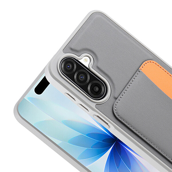 Başkenttekno Samsung Galaxy A17 Uyumlu Kartlıklı Süni Deri X-Kart Cüzdan Silikon Kapak Koyu Gri