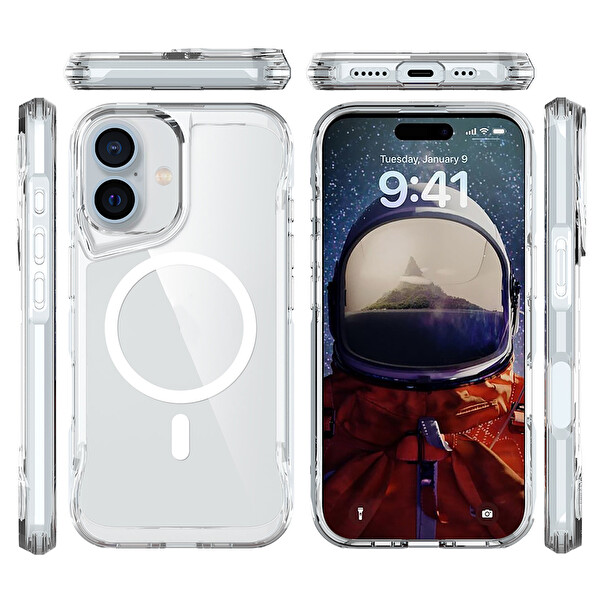 Başkenttekno iPhone 17 Uyumlu Kablosuz Şarj Özellikli Darbe Emici T-Max M-safe Kapak Şeffaf