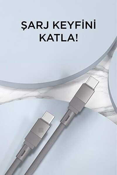 Başkenttekno U18 Type-C to Type-C Örgü 60W Data Kablo Gri