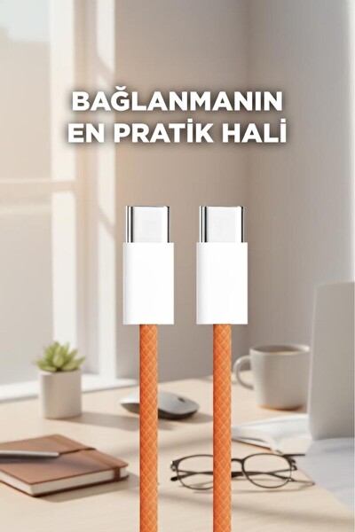 Başkenttekno U25 Type-C To Type-C 60W Örgü Hızlı Şarj Ve Data Kablo Turuncu