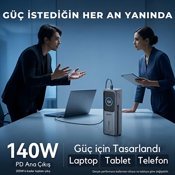 NPO WP001A 2XUSB-C 1XUSB-C Kablolu Led Ekranlı 205W 27.000mAh PD GaN3 Smart Powerbank
