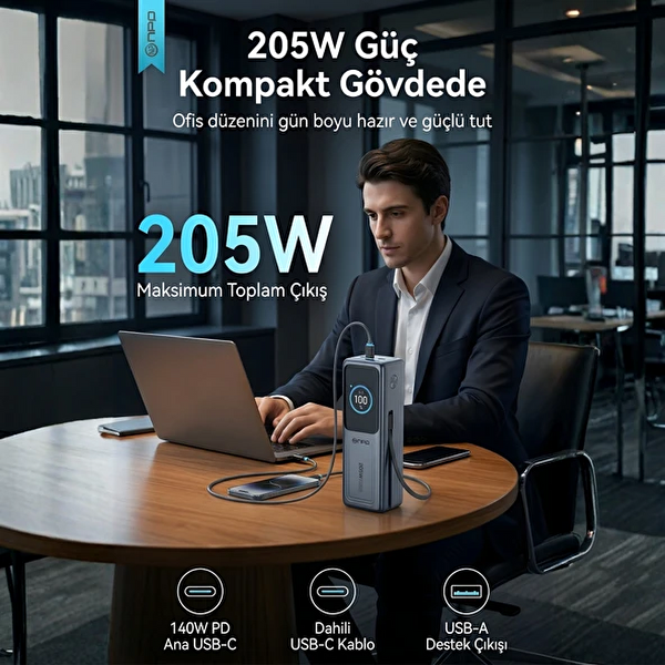 NPO WP001A 2XUSB-C 1XUSB-C Kablolu Led Ekranlı 205W 27.000mAh PD GaN3 Smart Powerbank