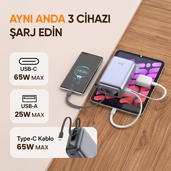Juo 30000 mAh 65W LED Ekranlı USB-A Type-C Dahili Kablolu Powerbank Taşınabilir PD Hızlı Şarj Cihazı